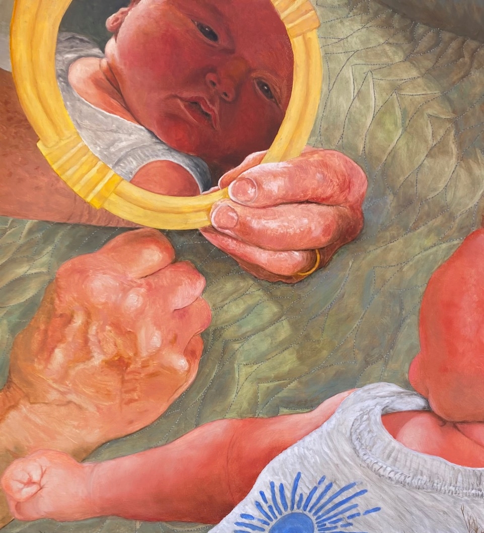 Donald Shambroom Painting entitled MAGGIE INTRODUCES LEO TO HIMSELF showing a baby looking into a mirror
